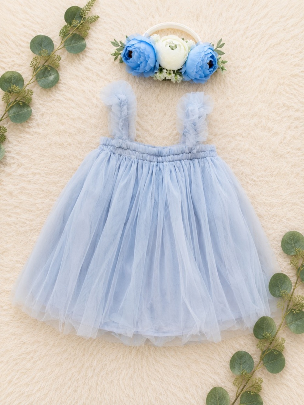 Light Blue Tulle Dress with Ruffled Straps